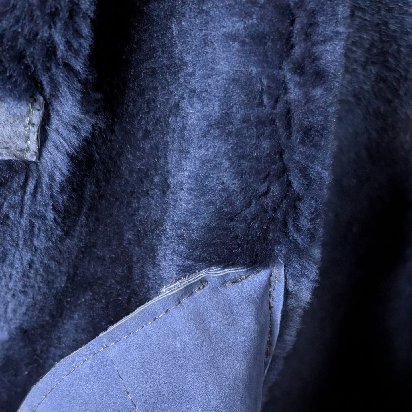 Vintage Sawyer of Napa 100% Shearling Suede Coat Navy Blue Sheepskin