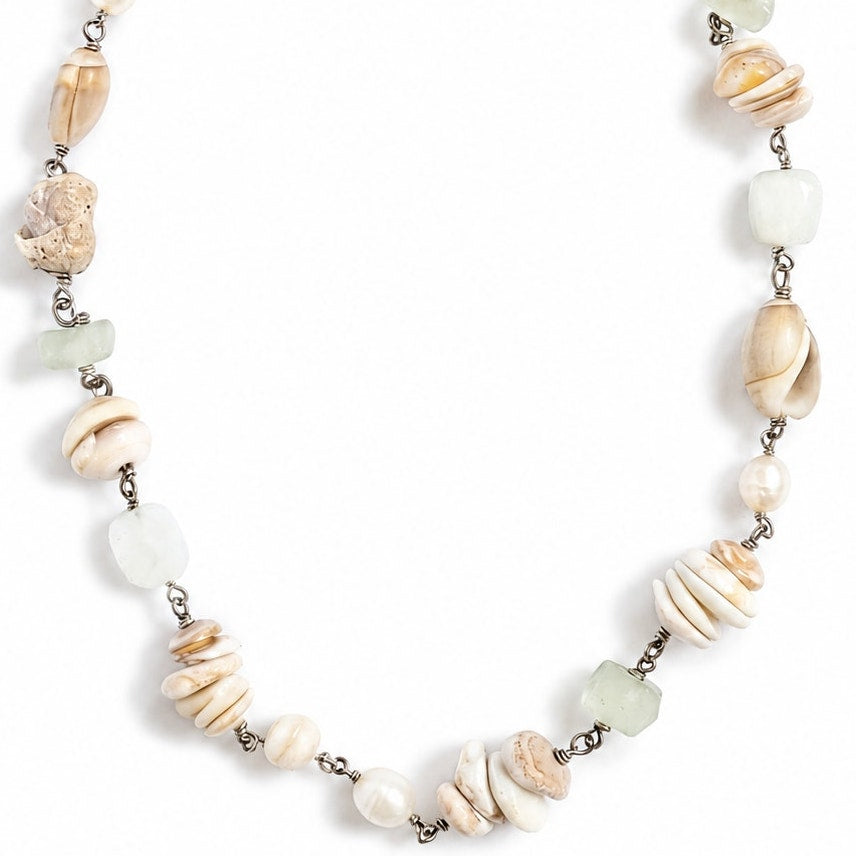Artisan Sterling Silver Seashell Moonstone Pearl Necklace 24.5"