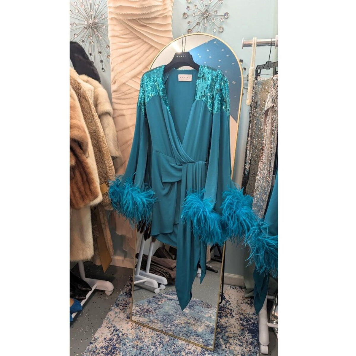 NWT Nervi Pami Dress — Sequin & Ostrich Feather Cuffs — IT 44 / US 8