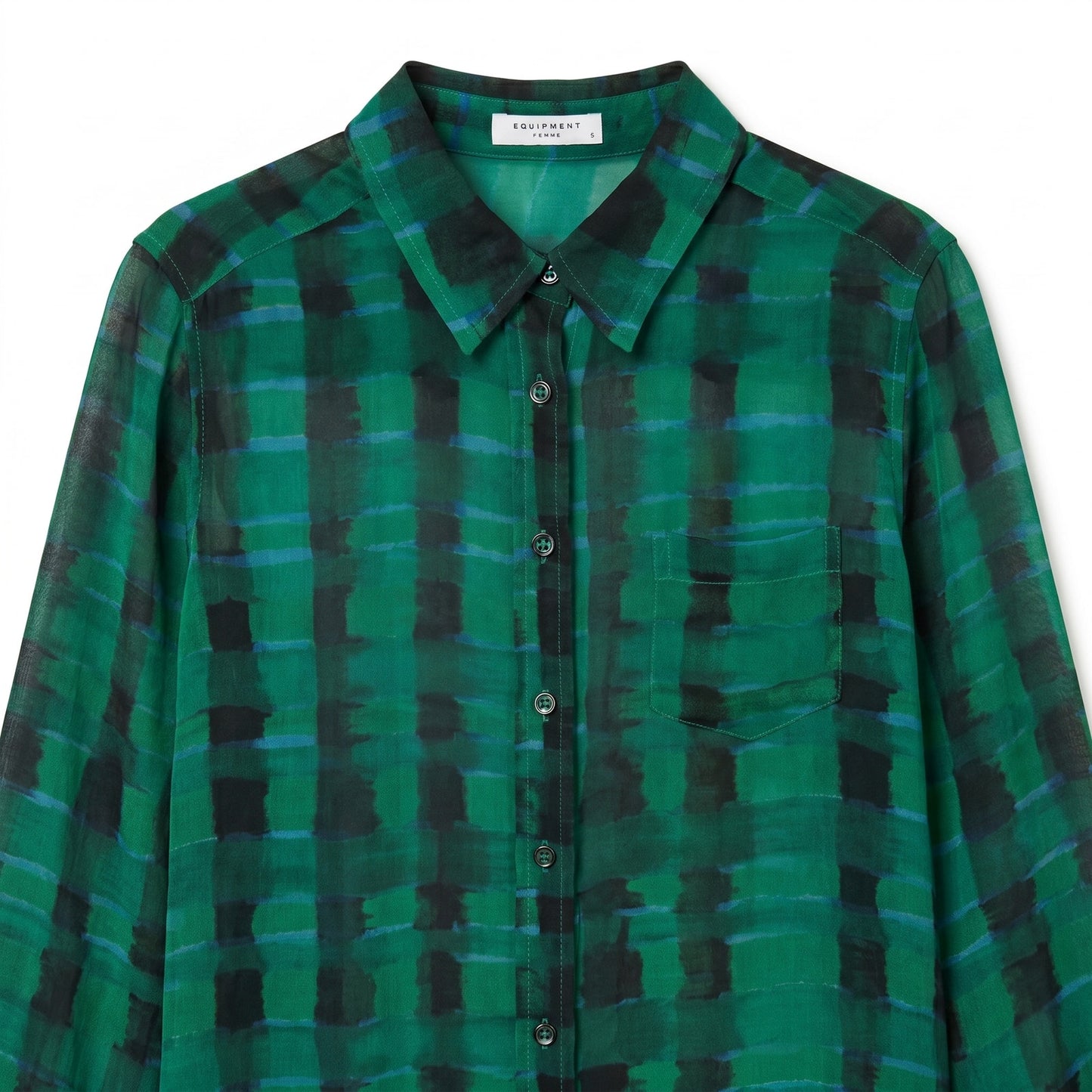100% Silk Equipment Femme Sheer Green Blue Black Plaid Shirt | Size S