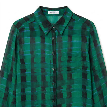 100% Silk Equipment Femme Sheer Green Blue Black Plaid Shirt | Size S