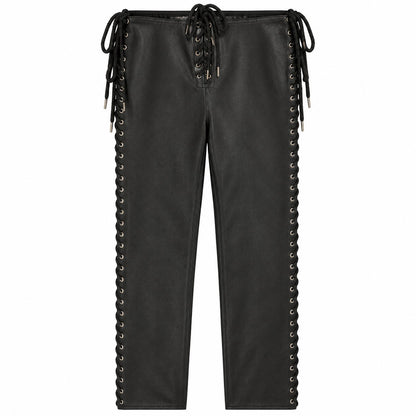 RARE Black Genuine Leather Lace-Up Pants 2XL
