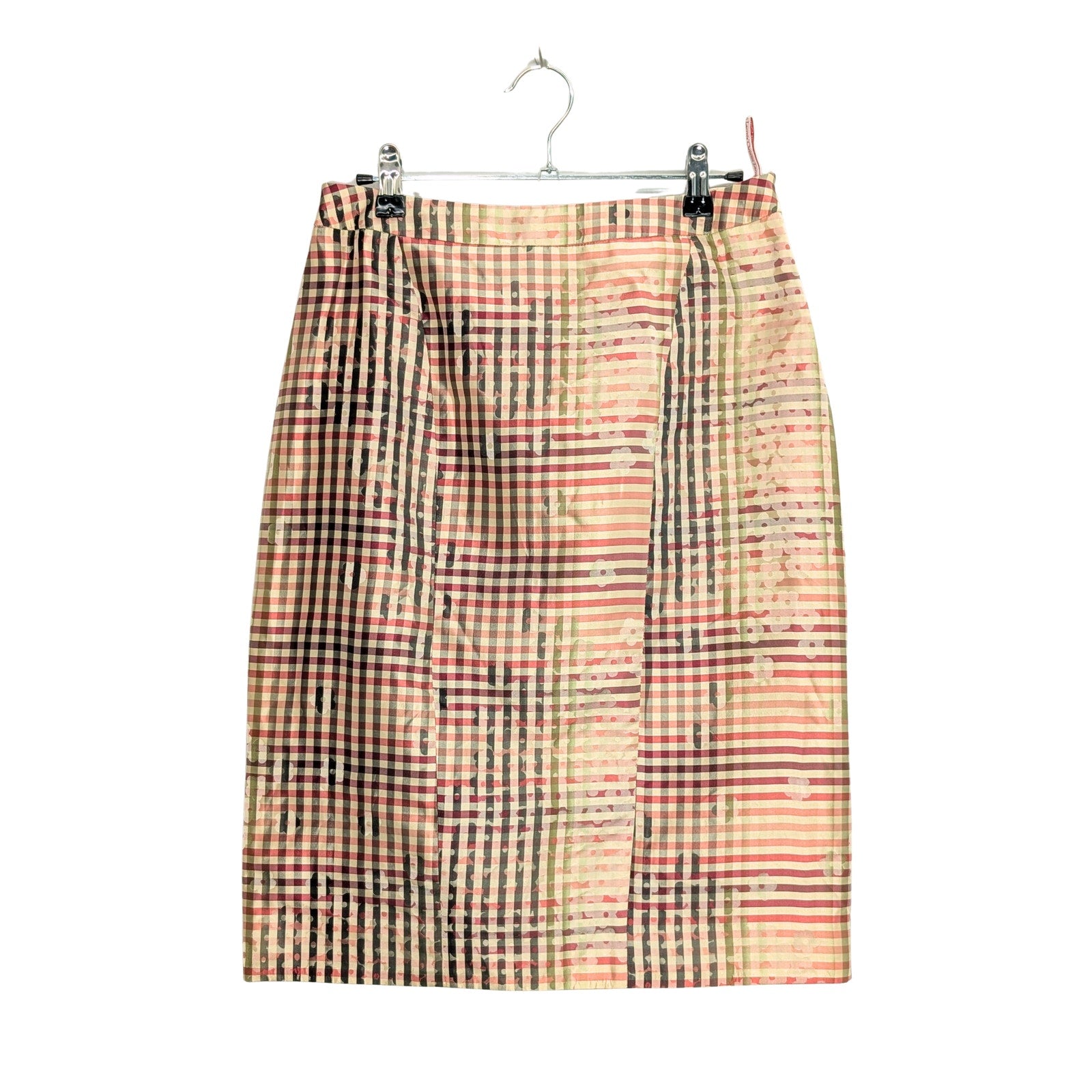 checked skirt, silk skirt, vintage, collectable fashion, French designer, rare find, above the knee, below the knee, floral, checkers, pink, cream, green, yellow, FR 40