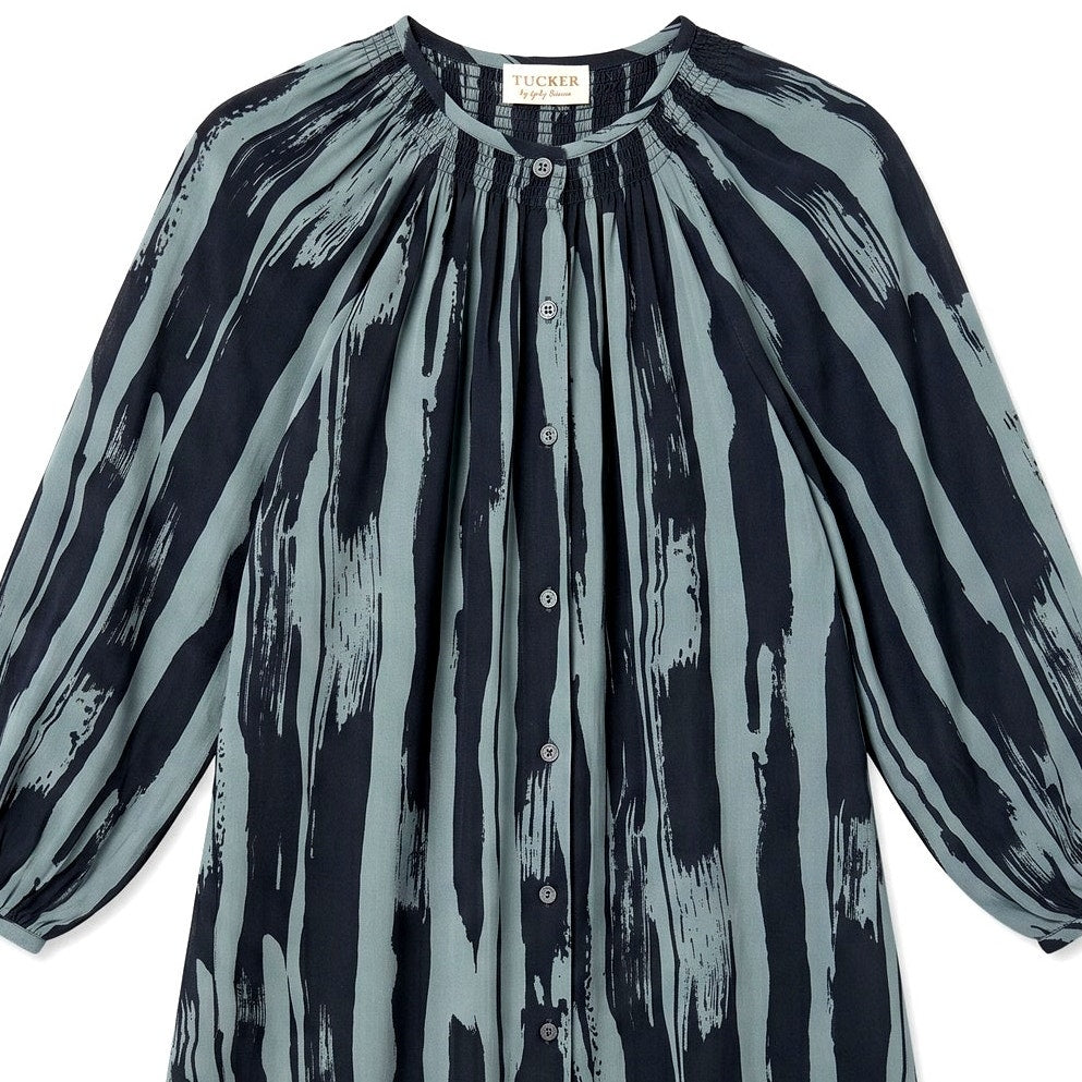100% Silk Tucker by Gaby Basora  Abstract Brushstroke Midi Dress