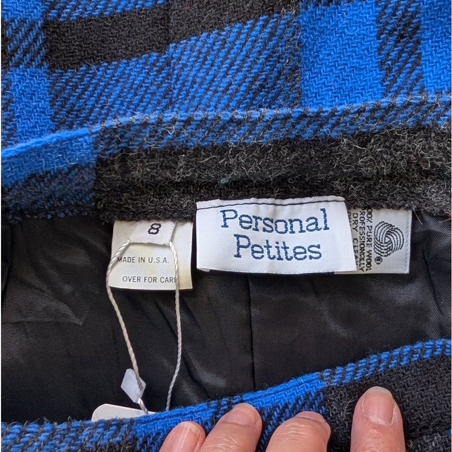 Vintage Personal Petites Blue Gray Plaid Wool Pleated Skirt Made in USA 8P