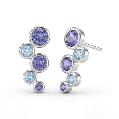 925 Sterling Silver Amethyst & Blue Topaz Stud Earrings Bezel Set Post Earrings New