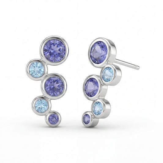 925 Sterling Silver Amethyst & Blue Topaz Stud Earrings Bezel Set Post Earrings New