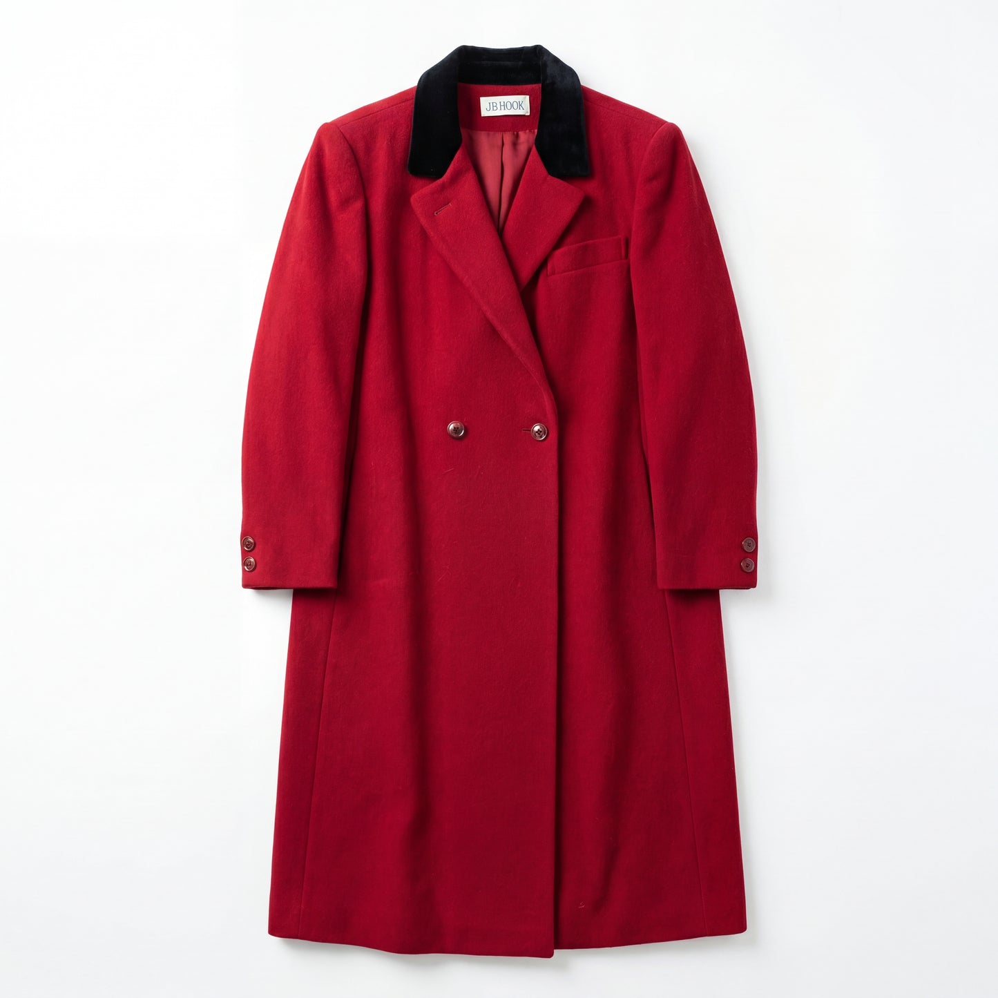 Vintage Raspberry Red Wool Double-Breasted Coat with Black Velvet Collar