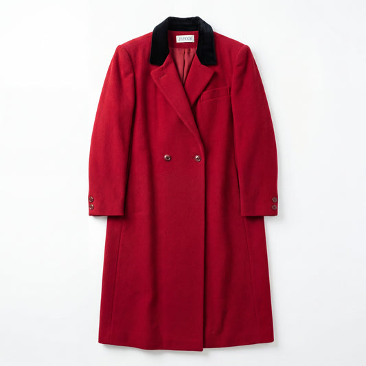 Vintage Raspberry Red Wool Double-Breasted Coat with Black Velvet Collar
