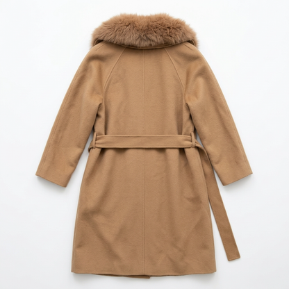 Pissenlit Camel Wool Cashmere Wrap Coat with Fox Fur Collar