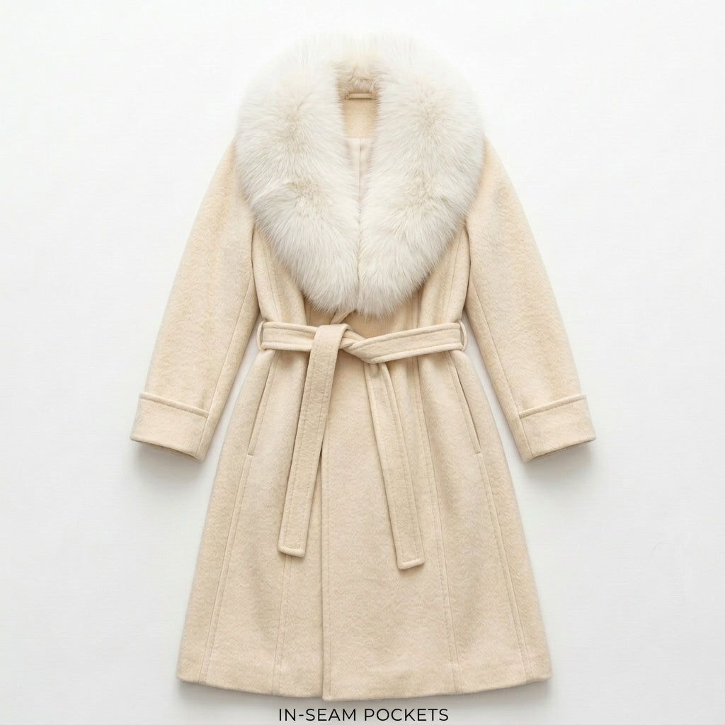 Vintage Windermere Cream Wool A-Line Coat with Detachable Fox Fur Collar