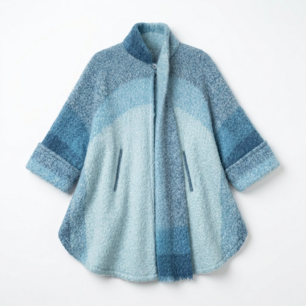 Vintage Donegal Design Mohair Wool Cape Blue Ombre Ruana with Scarf