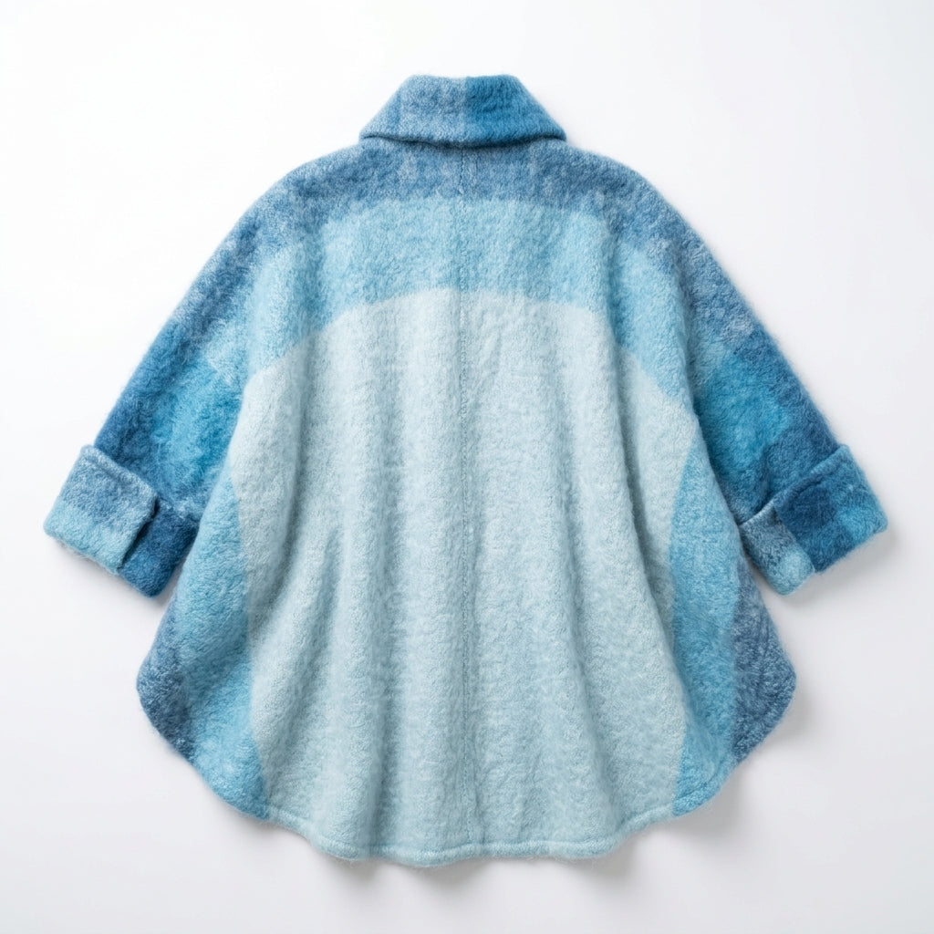 Vintage Donegal Design Mohair Wool Cape Blue Ombre Ruana with Scarf