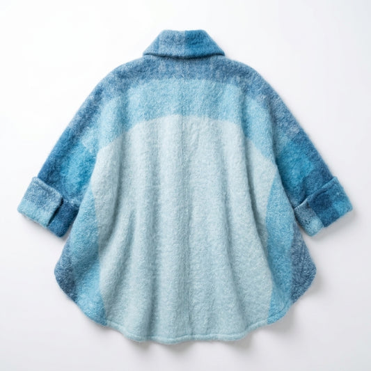 Vintage Donegal Design Mohair Wool Cape Blue Ombre Ruana with Scarf