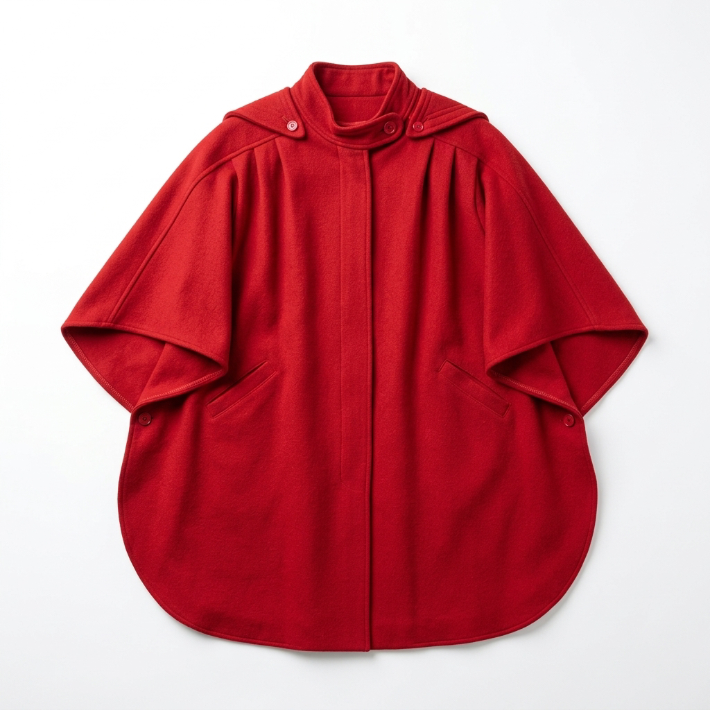 Vintage Red 100% Wool Cape with Detachable Hood and  Funnel Collar