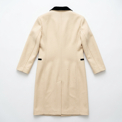Vintage Cream Double-Breasted Wool Maxi Coat with Black Velvet Collar