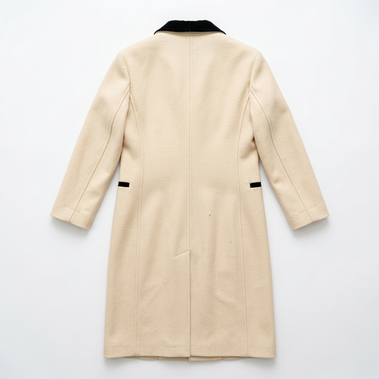 Vintage Cream Double-Breasted Wool Maxi Coat with Black Velvet Collar