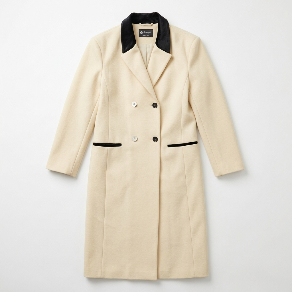 Vintage Cream Double-Breasted Wool Maxi Coat with Black Velvet Collar