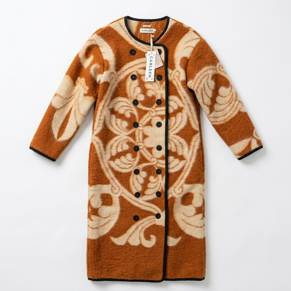 Carleen Upcycled Wool Blanket Coat Pumpkin & Cream