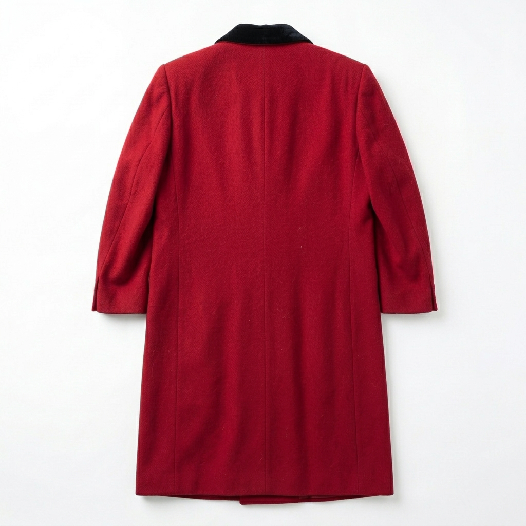 Vintage Raspberry Red Wool Double-Breasted Coat with Black Velvet Collar