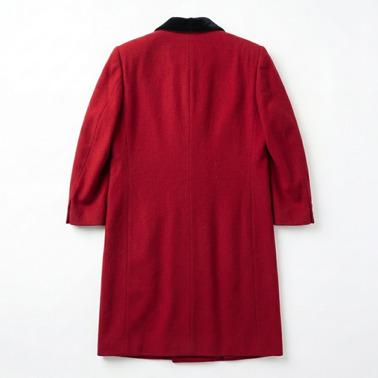 Vintage Raspberry Red Wool Double-Breasted Coat with Black Velvet Collar