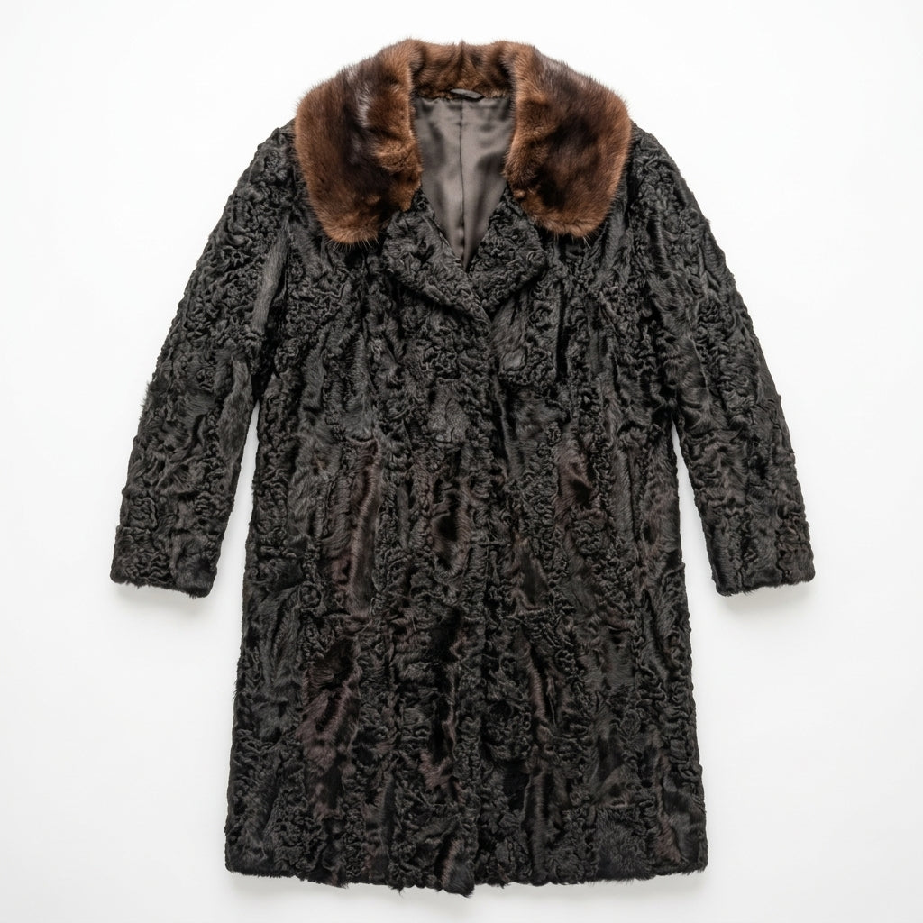 Vintage Persian Lamb Fur Coat with Brown Mink Collar