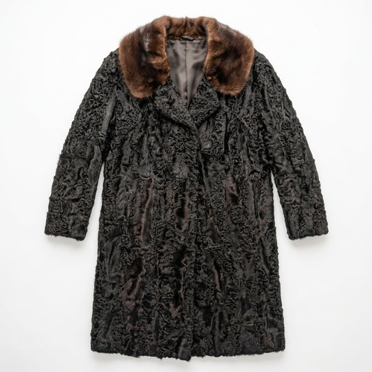 Vintage Persian Lamb Fur Coat with Brown Mink Collar