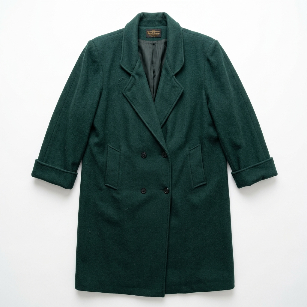 Vintage Forest Green Wool Full-Length Double-Breasted Coat Plus Size