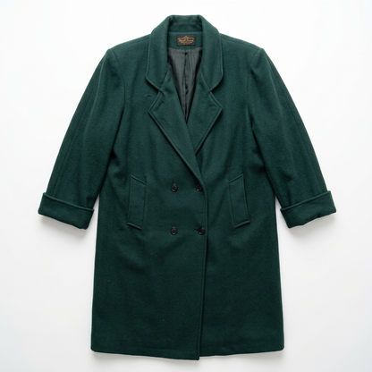Vintage Forest Green Wool Full-Length Double-Breasted Coat Plus Size