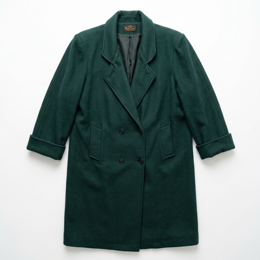 Vintage Forest Green Wool Full-Length Double-Breasted Coat Plus Size