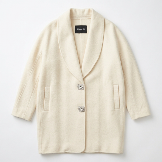 Ivory Merino Wool Cashmere Walking Coat with Crystal Buttons NWT