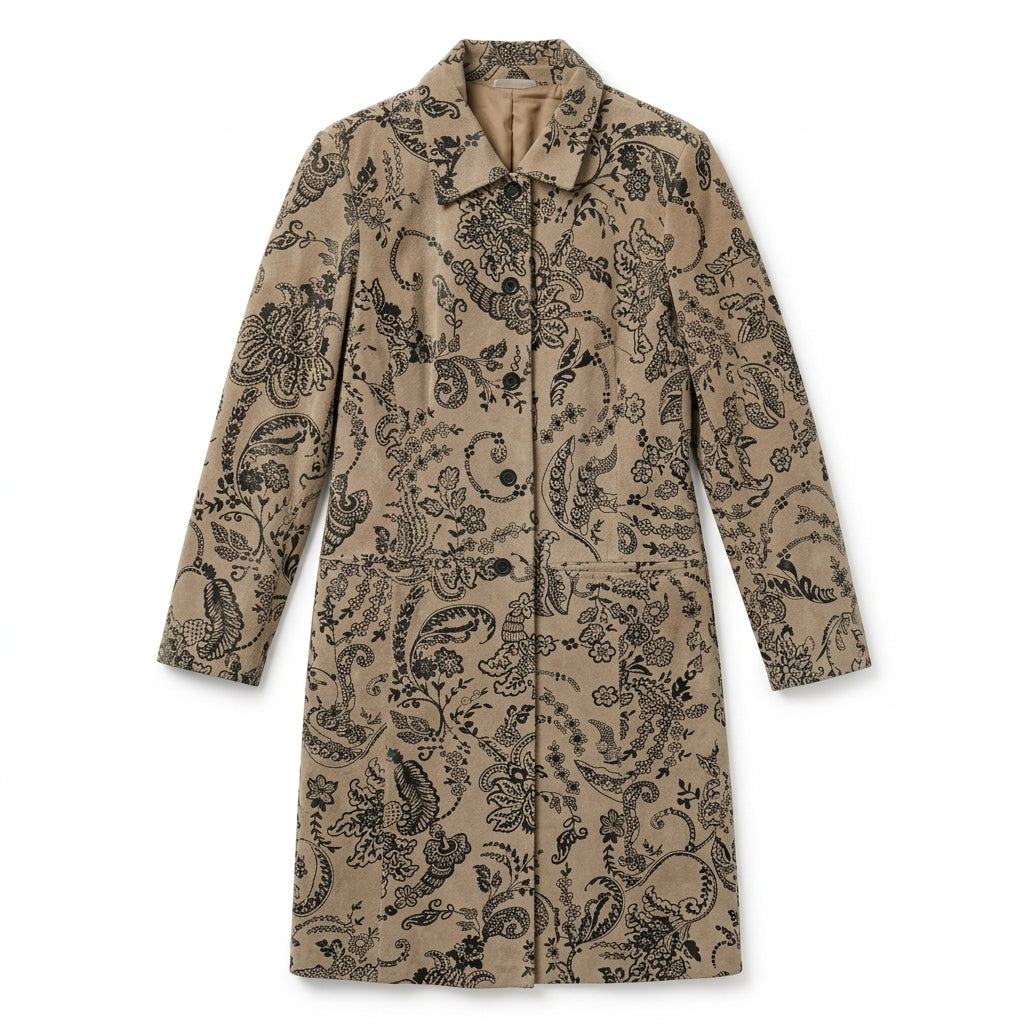 Tan Suede Leather Jacket with Black Floral Appliqué