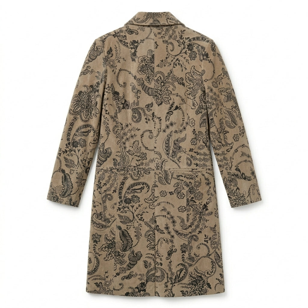 Tan Suede Leather Jacket with Black Floral Appliqué