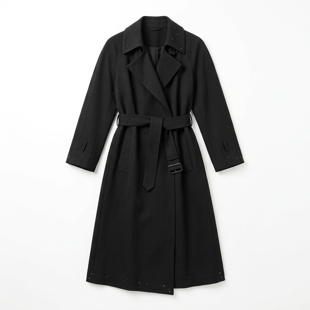 Vintage Black Wool Trench Coat with Austrian Crystal Details