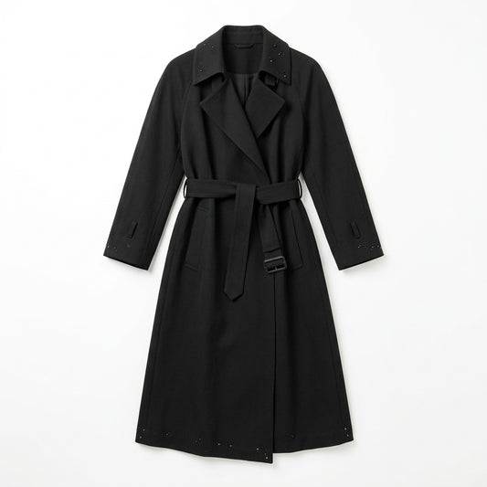 Vintage Black Wool Trench Coat with Austrian Crystal Details