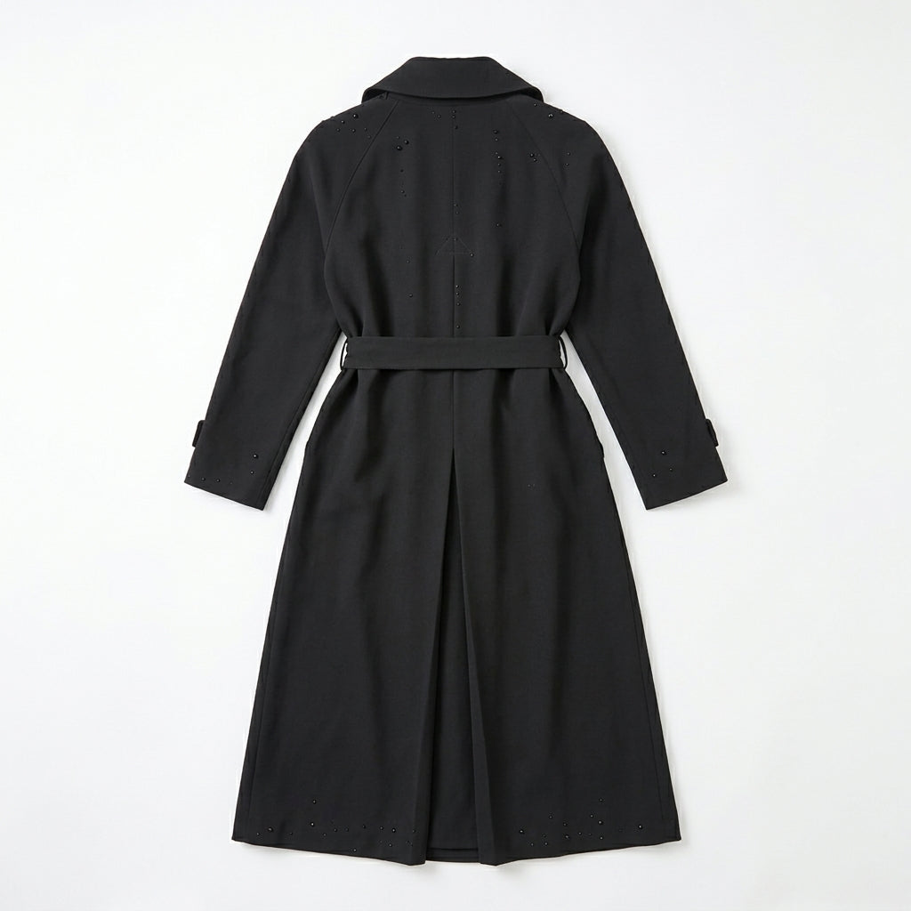 Vintage Black Wool Trench Coat with Austrian Crystal Details