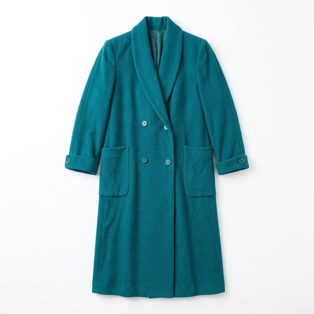 Vintage Teal Wool Double-Breasted Coat with Austrian Crystal Detail