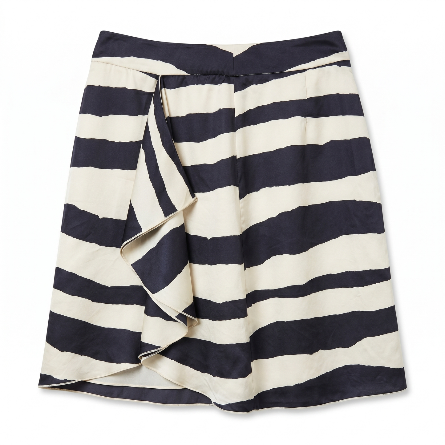 100% Silk Anne Klein Navy Cream Bold Zebra Stripe Ruffle Mini Skirt Size 6P
