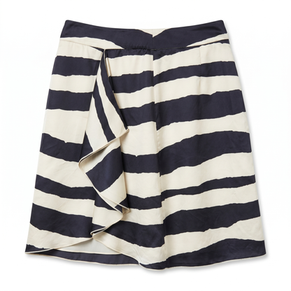 100% Silk Anne Klein Navy Cream Bold Zebra Stripe Ruffle Mini Skirt Size 6P