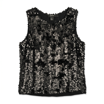 100% Silk DKNY Black Silver Paillette Sequin Sleeveless Shell Top | Party